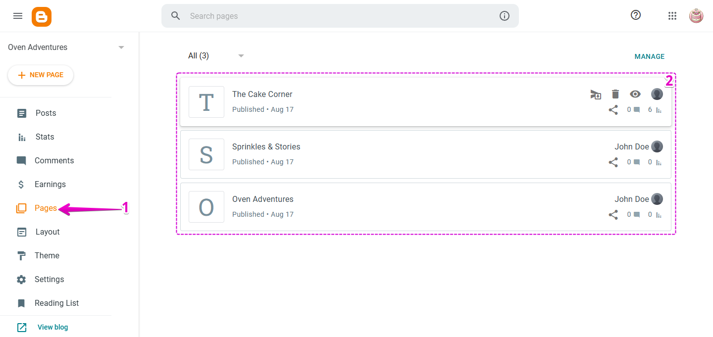 Blogger dashboard showing the Pages section, with a page selected for editing and the page list highlighted