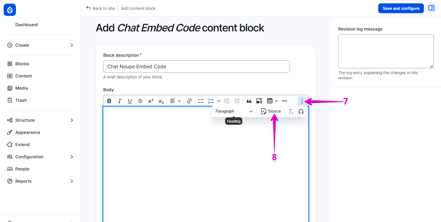 Body editor toolbar with the Source (HTML) option highlighted