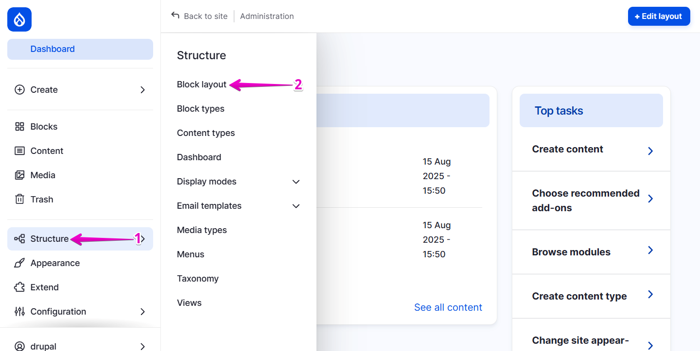 Drupal admin dashboard with Structure expanded in the left menu and Block layout selected