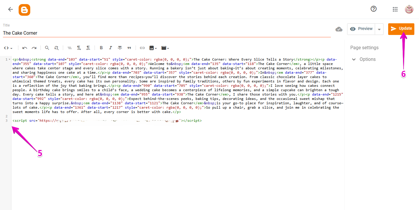 Blogger HTML editor displaying page source code, with the chatbot embed code pasted into the editor