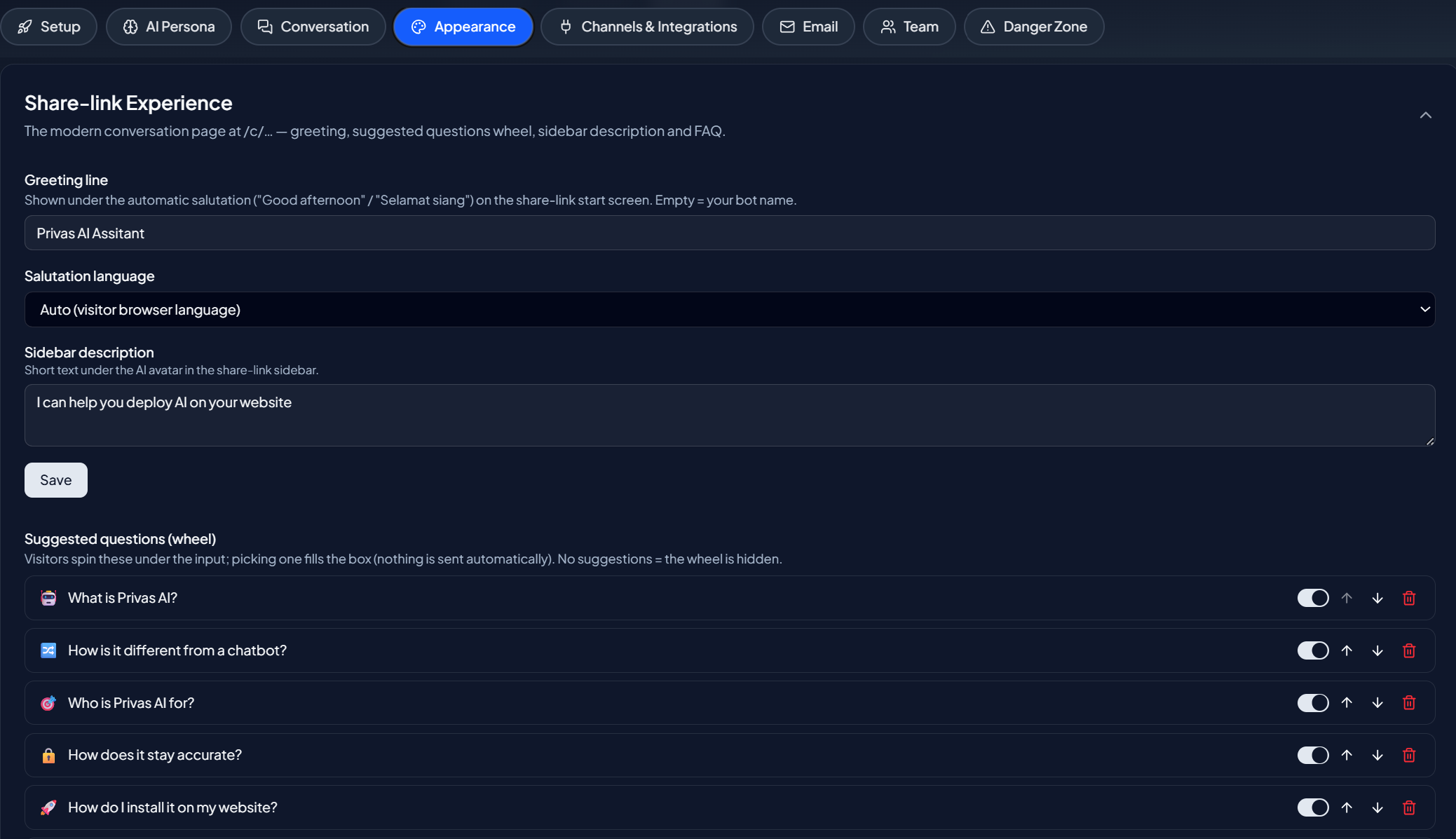 Share-link Experience settings with greeting, suggested questions, and sidebar fields