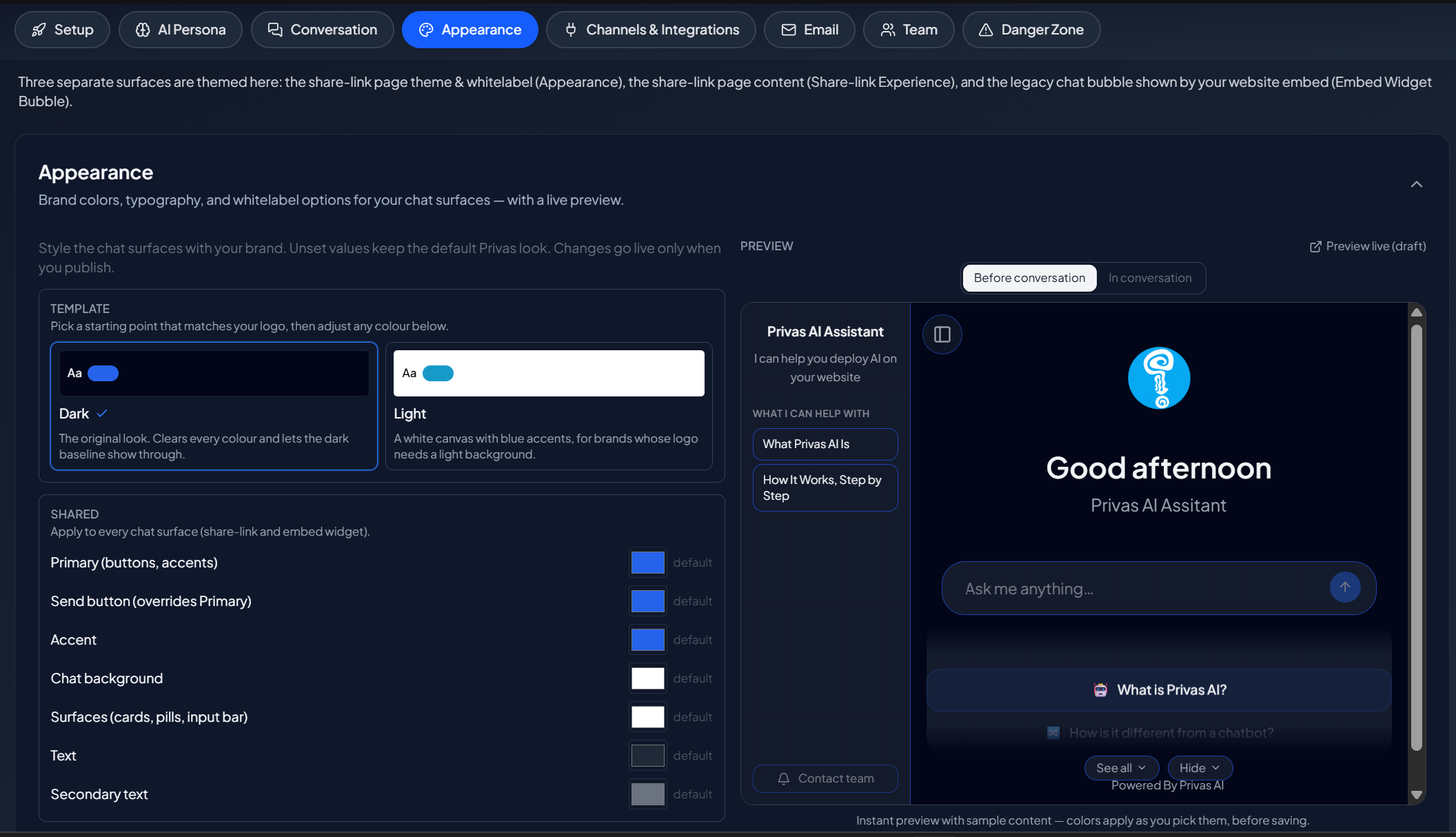 Theme editor with color pickers, typography, and the Light/Dark template buttons