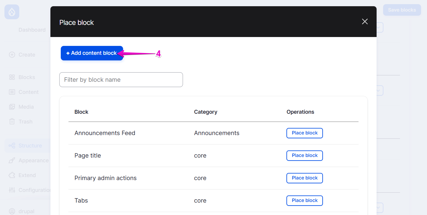“Place block” pop-up window showing the Add Content Block button highlighted