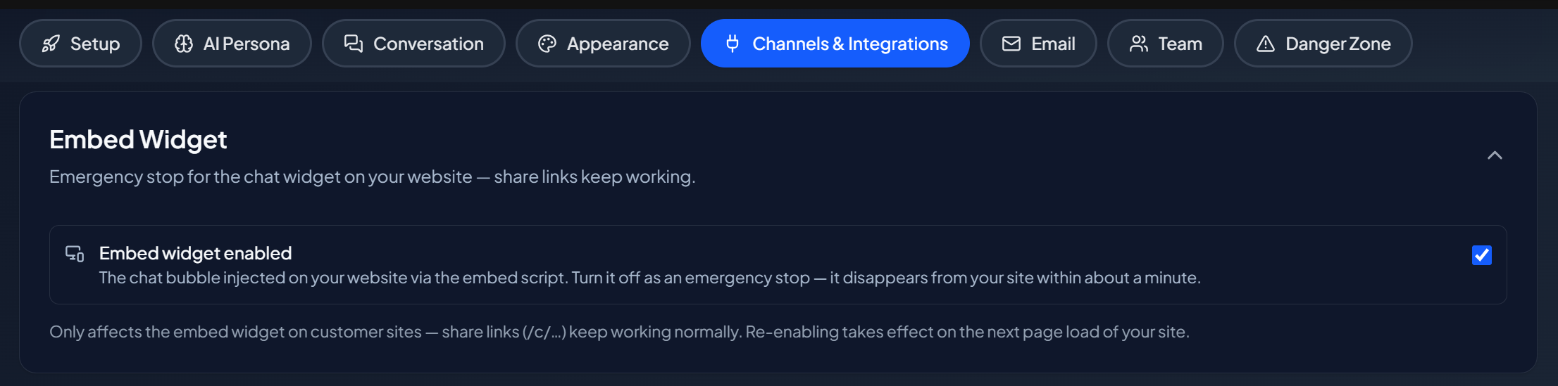 Embed Widget setting with the enable/disable control