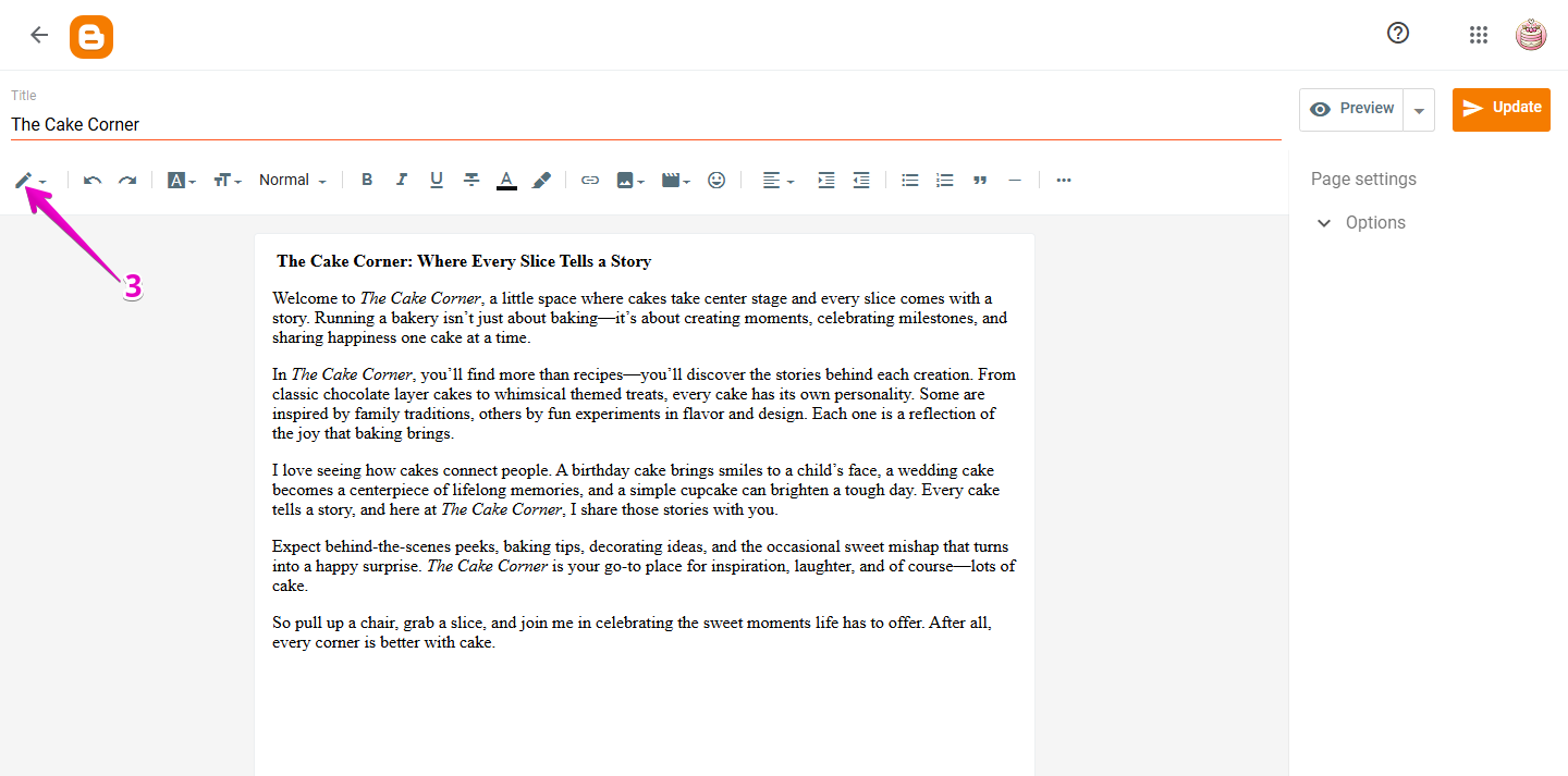 Blogger Page Editor view with the pencil (Edit) icon highlighted on the left toolbar