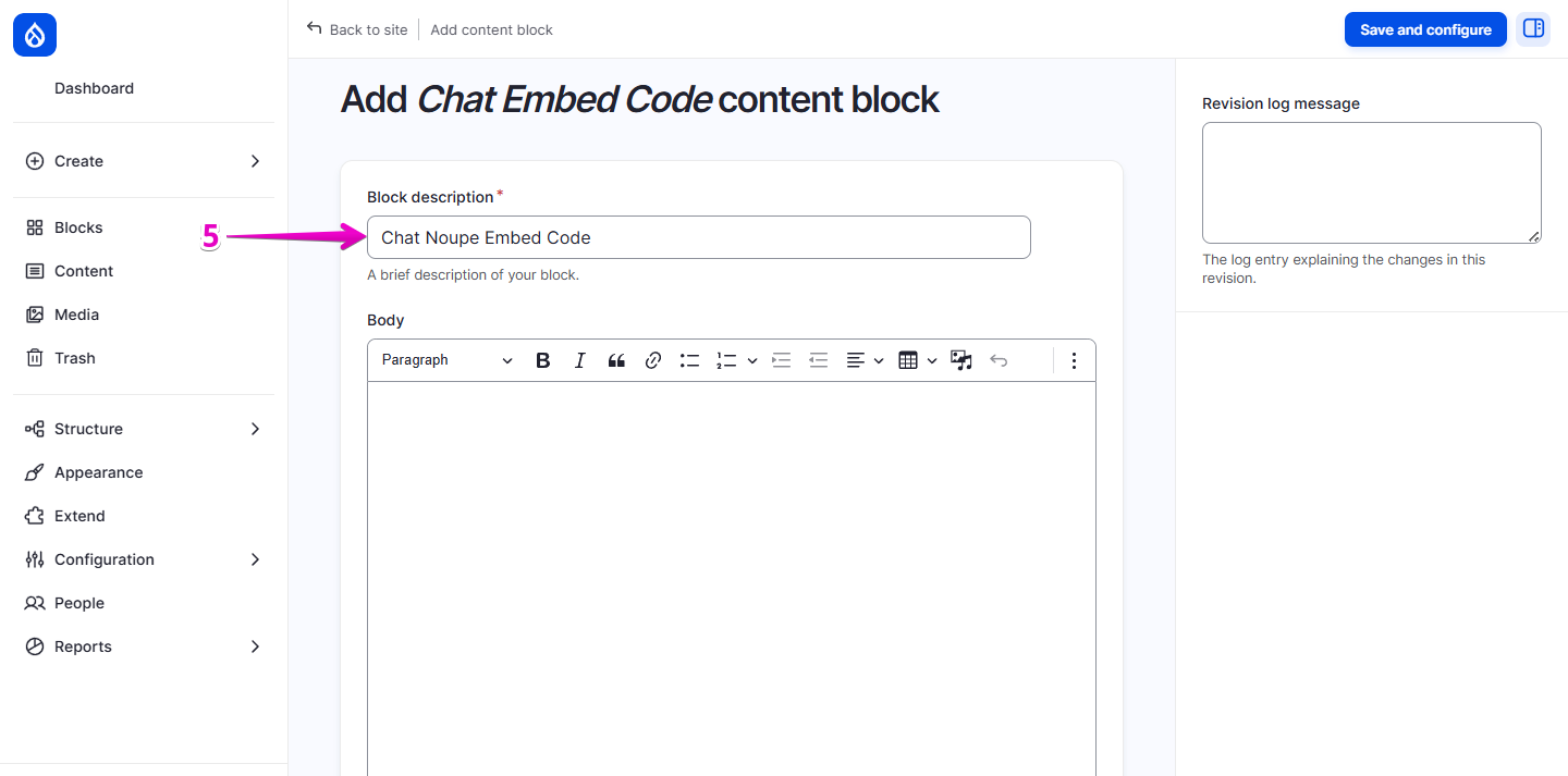 Drupal “Add Custom Block” screen with the block title field and body editor visible