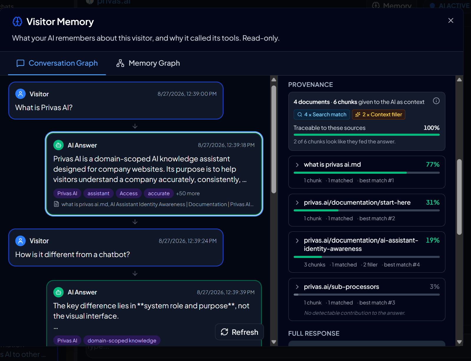 Response details showing the knowledge sources behind one answer