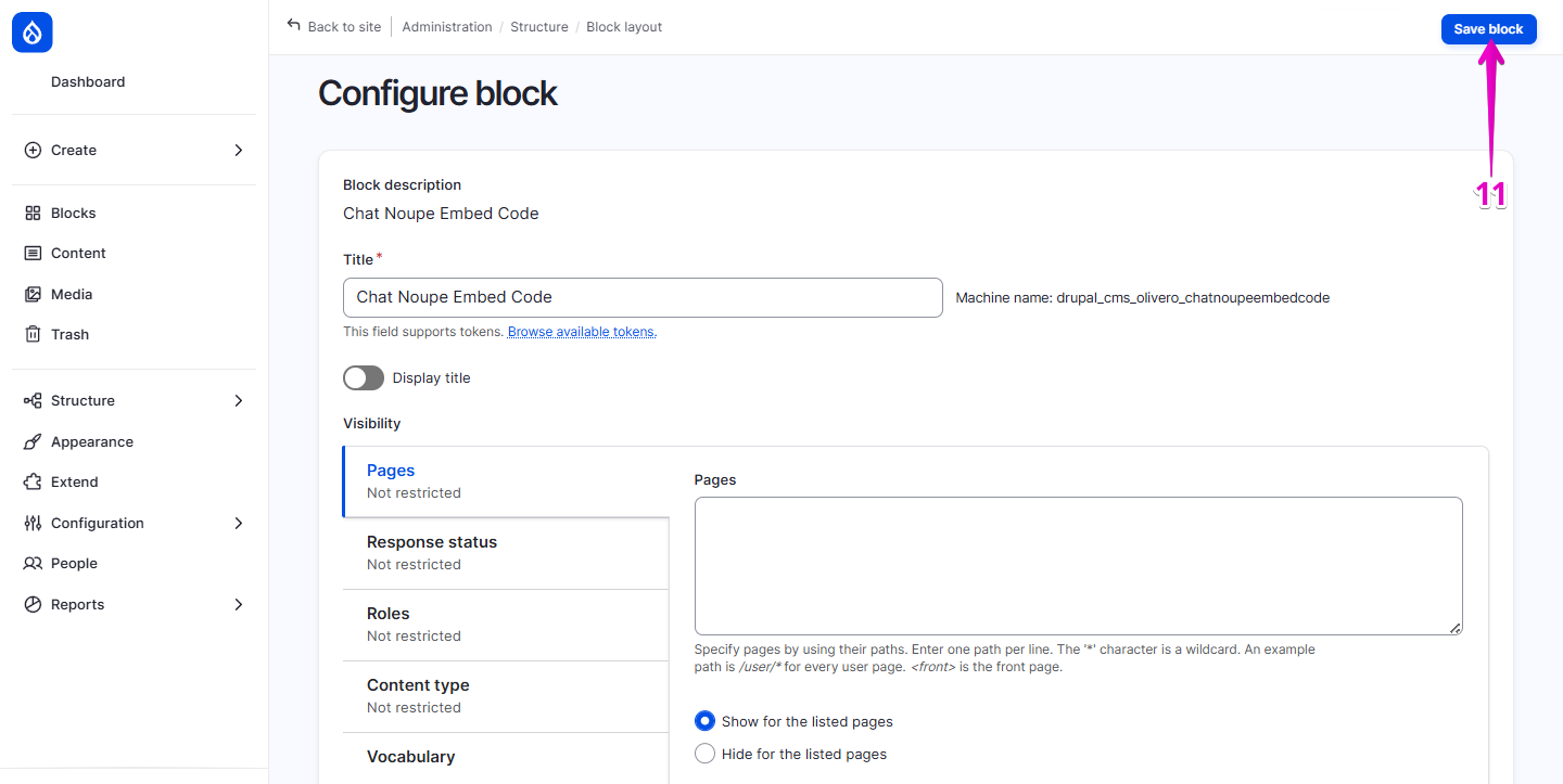 “Configure block” page with placement settings and the Save block button highlighted