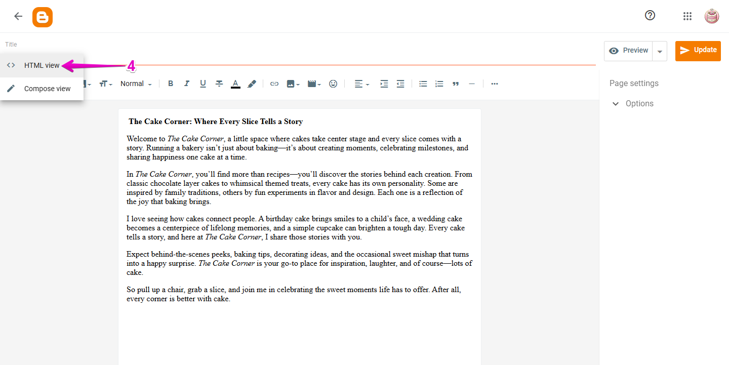 Blogger Page Editor menu open, showing the option to switch to “HTML view,” with the menu item highlighted