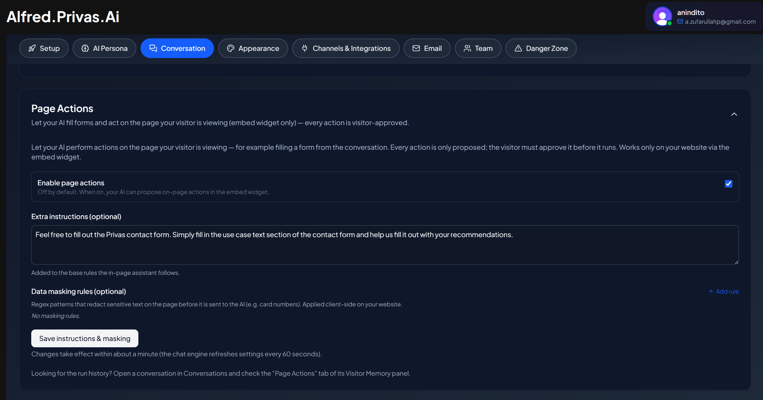 Page Actions settings and the runs log