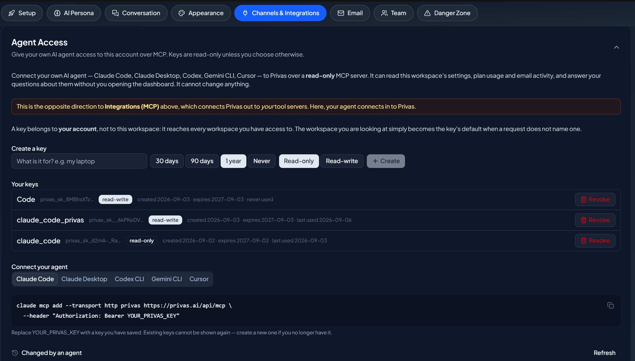 Agent Access settings with a created key and the change log