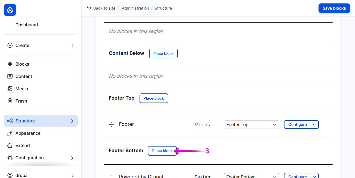 Block Layout page scrolled to the Footer Bottom section with the Place block button highlighted