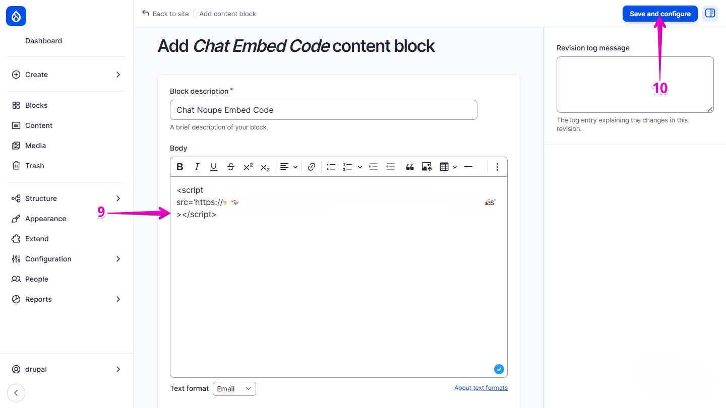 Body field displaying the pasted Privas AI embed code and the Save button highlighted