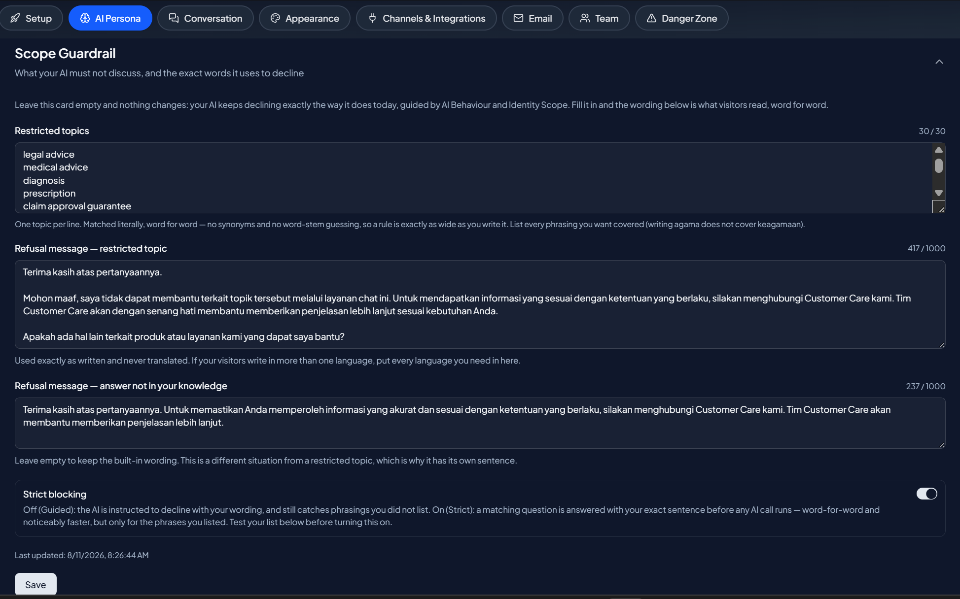 Scope Guardrail settings with the two text fields and the enforcement switch