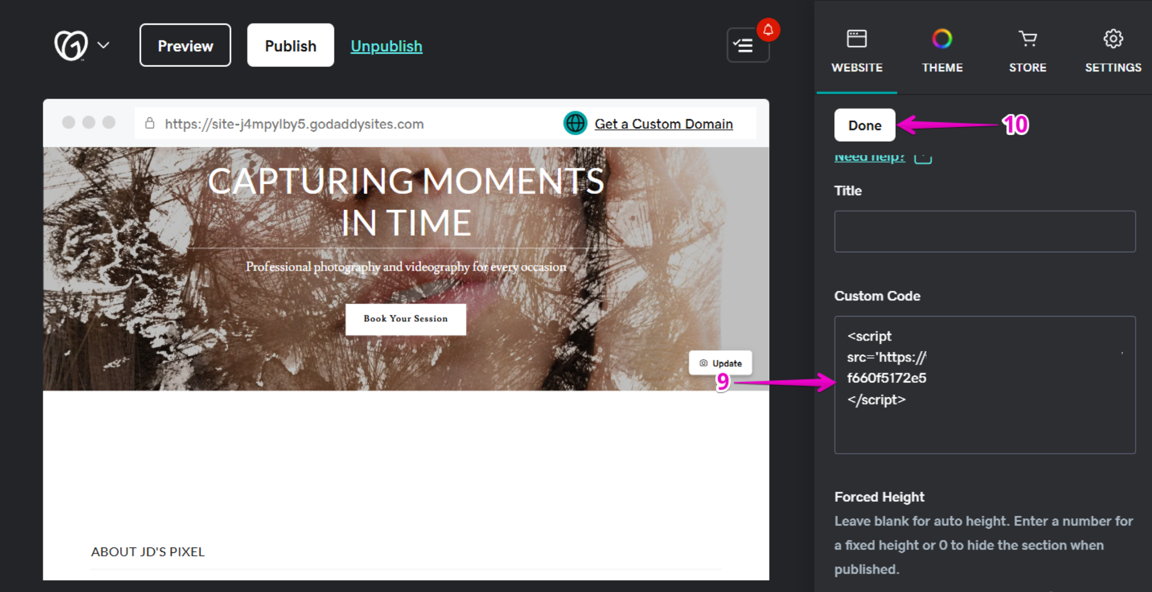 godaddy add privas script embed